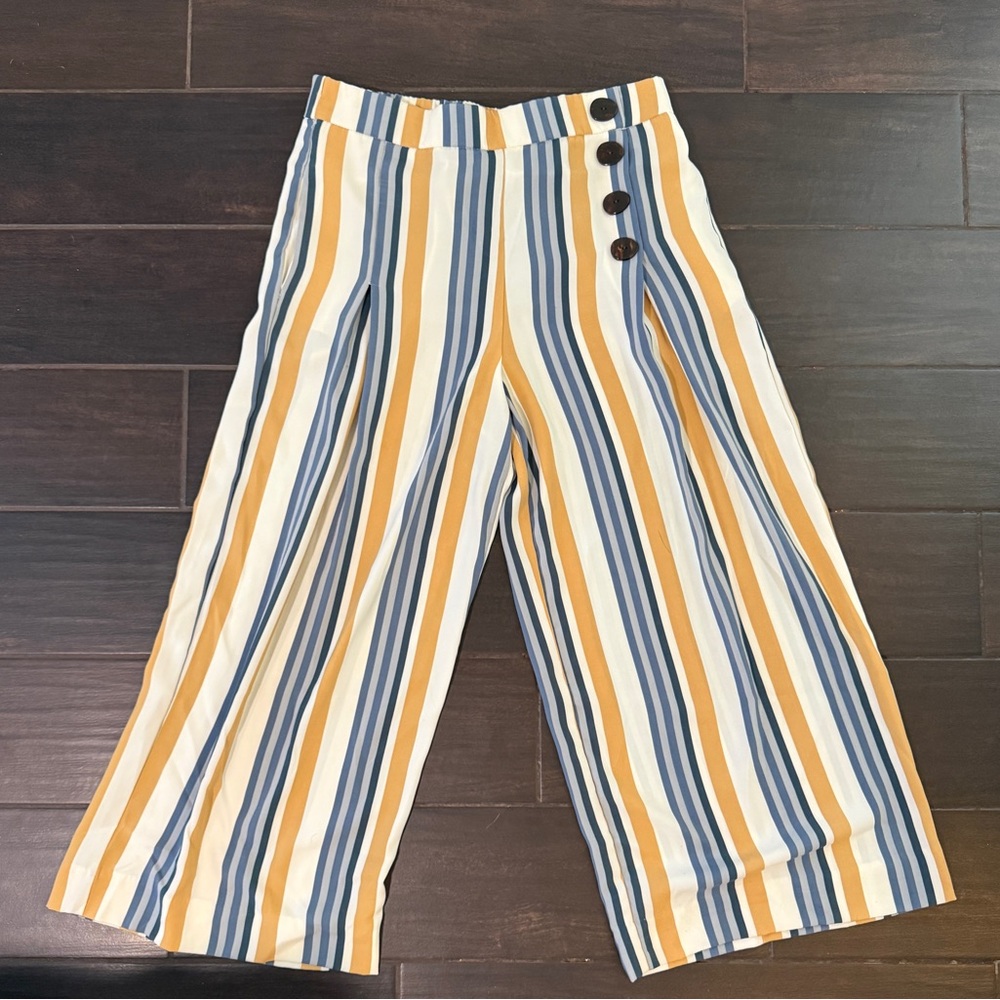 Zara Women's Wide Leg Striped Pants in Blue, Orange, and White